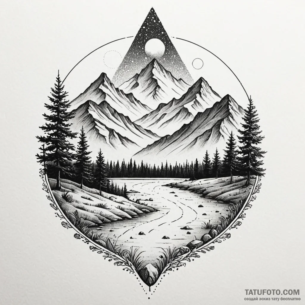 A dotwork landscape, tattoo sketch design, fi... - эскиз тату (№1750169543_0, 17.06.2025 14:12) — Tatufoto.com