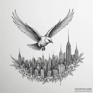 A whimsical bird in flight over a city, expan... - эскиз тату (№1750169608_0, 17.06.2025 14:13) — Tatufoto.com