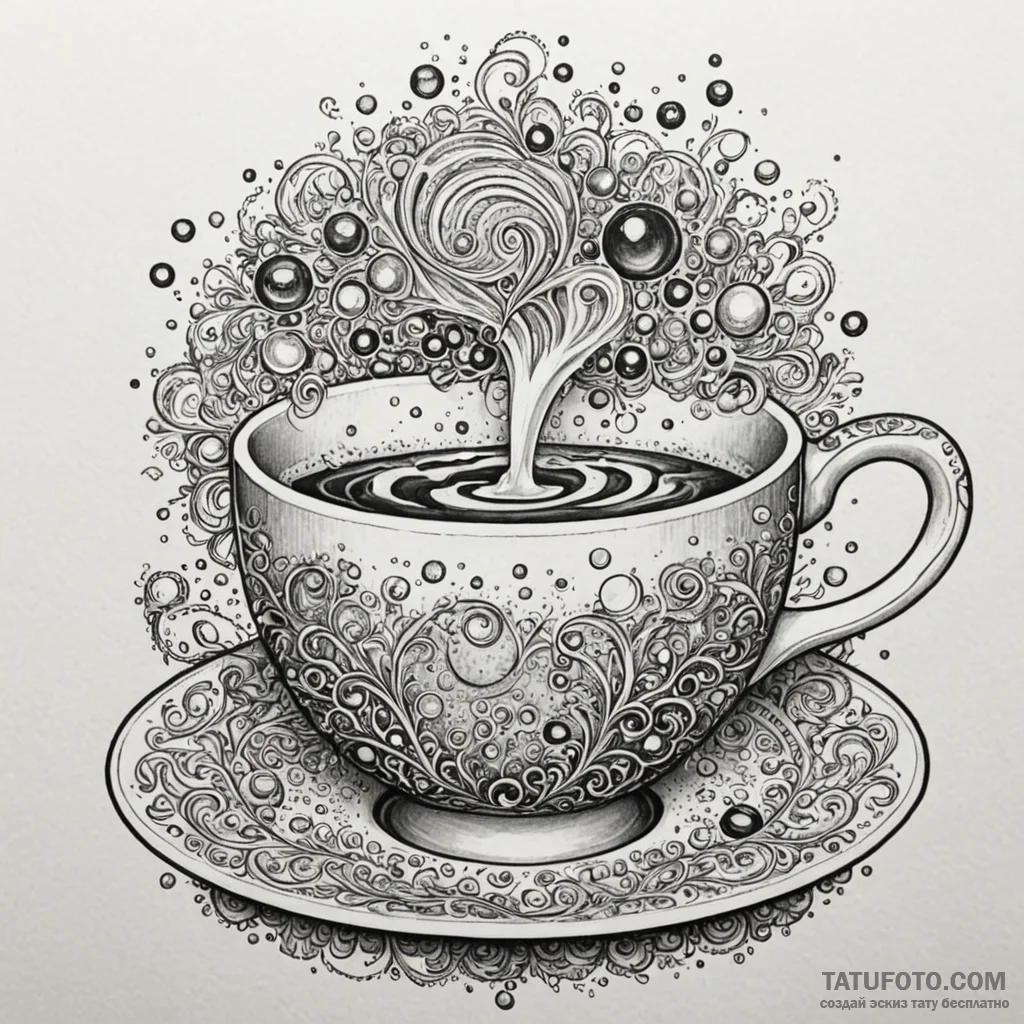 A whimsical bubble in a coffee cup, steaming,... - эскиз тату (№1750169864_0, 17.06.2025 14:17) — Tatufoto.com