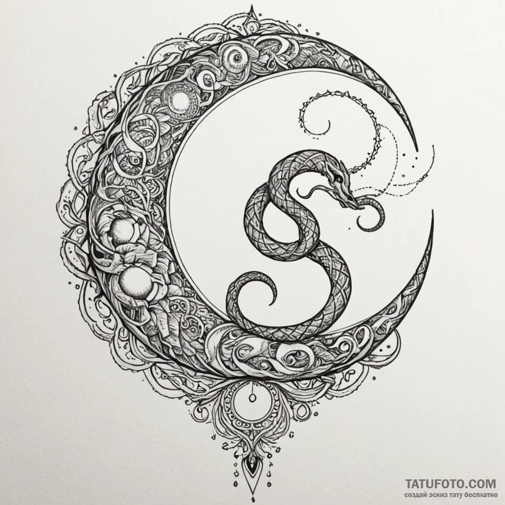Ethereal serpent entwining moon, tattoo sketc... - эскиз тату (№1750170133_0, 17.06.2025 14:22) — Tatufoto.com