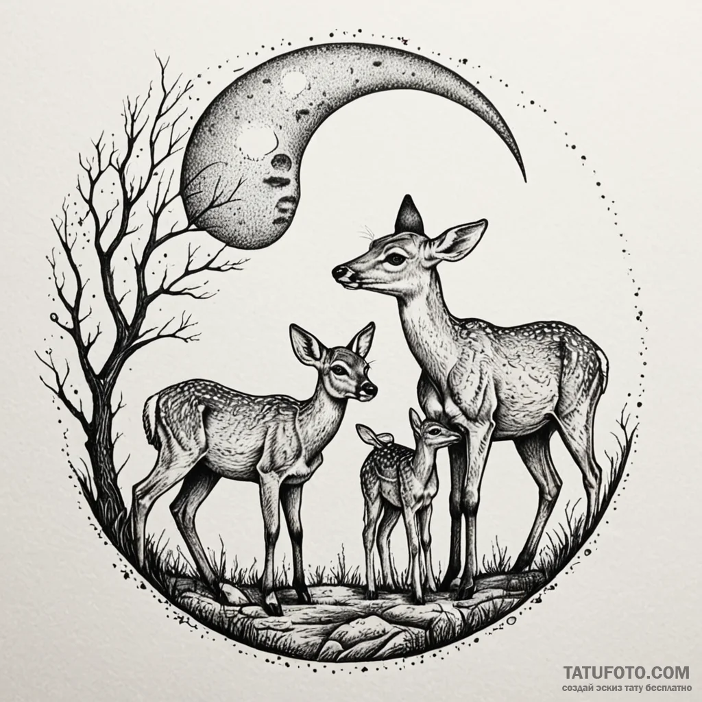 Doe and fawn touching noses under a full moon... - эскиз тату (№1750171841_0, 17.06.2025 14:50) — Tatufoto.com
