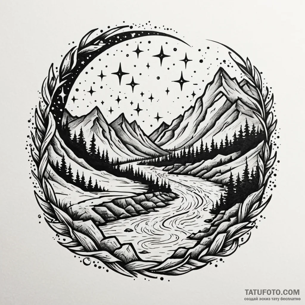 River of stars flowing through a dark valley,... - эскиз тату (№1750172834_0, 17.06.2025 15:07) — Tatufoto.com