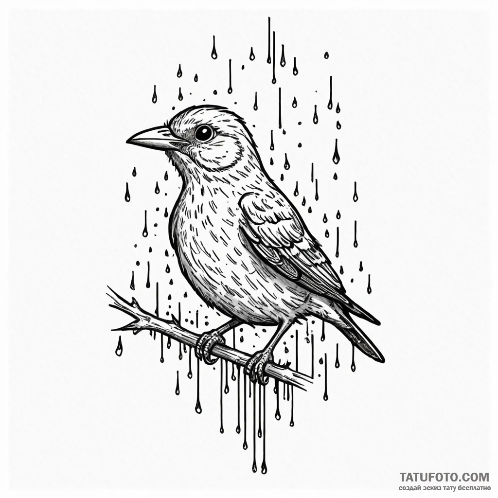 A whimsical bird singing in rain, resilient,,... - эскиз тату (№1750173544_0, 17.06.2025 15:19) — Tatufoto.com