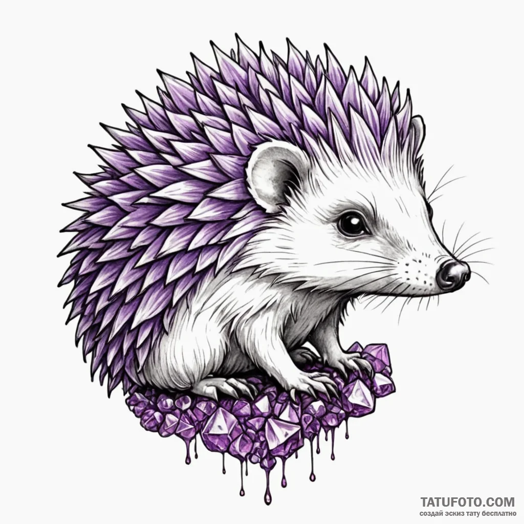 Hedgehog with spines of amethyst crystals, in... - эскиз тату (№1750174374_0, 17.06.2025 15:32) — Tatufoto.com