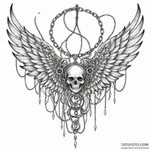 Ethereal wings bound in chains, ink illustrat... - эскиз тату (№1750175335_0, 17.06.2025 15:48) — Tatufoto.com
