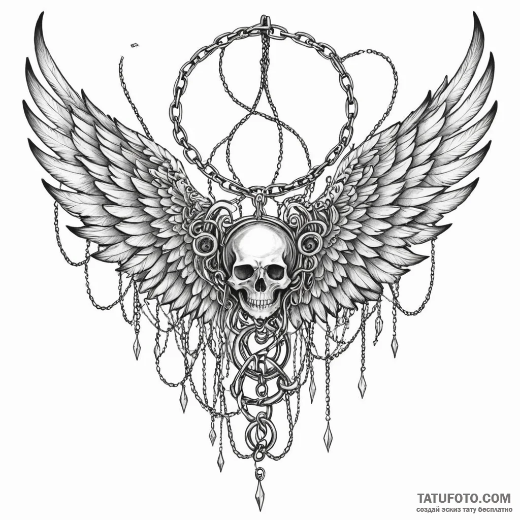 Ethereal wings bound in chains, ink illustrat... - эскиз тату (№1750175335_0, 17.06.2025 15:48) — Tatufoto.com