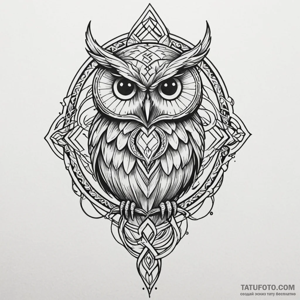 Arcane owl with rune eyes, tattoo flash sheet... - эскиз тату (№1750177834_0, 17.06.2025 16:30) — Tatufoto.com