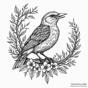 A whimsical bird singing on a branch, melodic... - эскиз тату (№1750178988_0, 17.06.2025 16:49) — Tatufoto.com