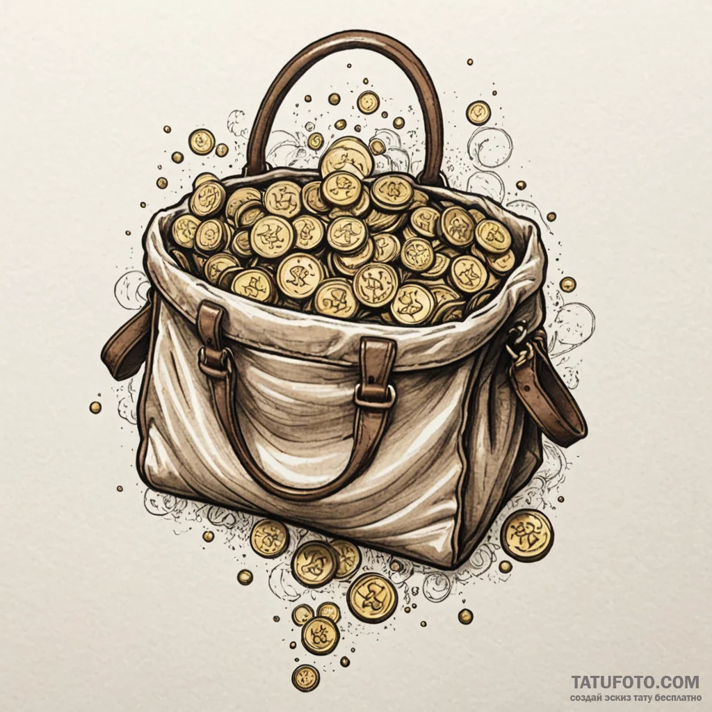 A detailed bag of gold coins, treasure,, tatt... - эскиз тату (№1750180525_0, 17.06.2025 17:15) — Tatufoto.com