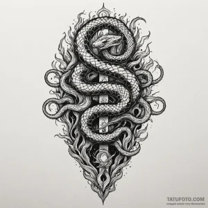 Onyx serpent beneath burning sky, tattoo sket... - эскиз тату (№1750180587_0, 17.06.2025 17:16) — Tatufoto.com