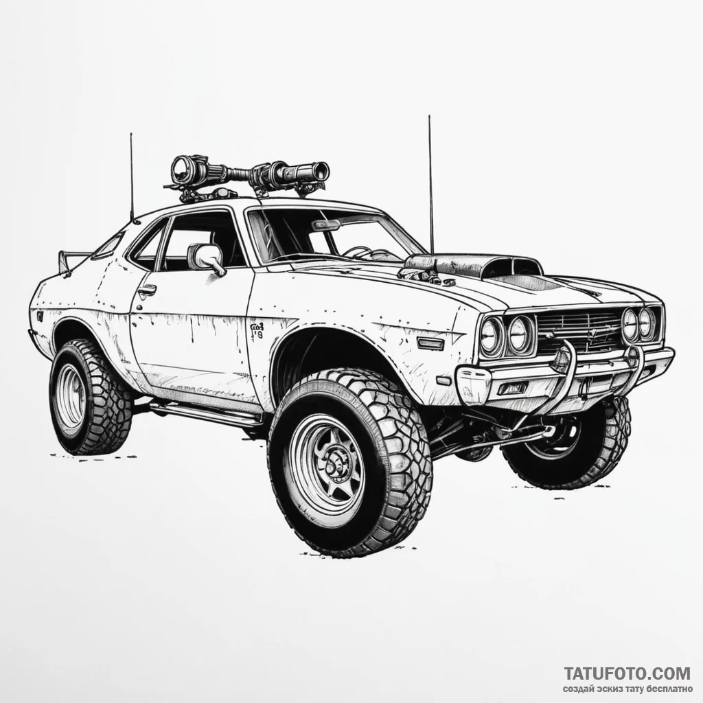 Mad max-style vehicle, armored with scrap met... - эскиз тату (№1750181739_0, 17.06.2025 17:35) — Tatufoto.com