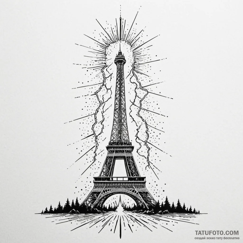 Eiffel tower shown as a tesla coil, dischargi... - эскиз тату (№1750186277_0, 17.06.2025 18:51) — Tatufoto.com