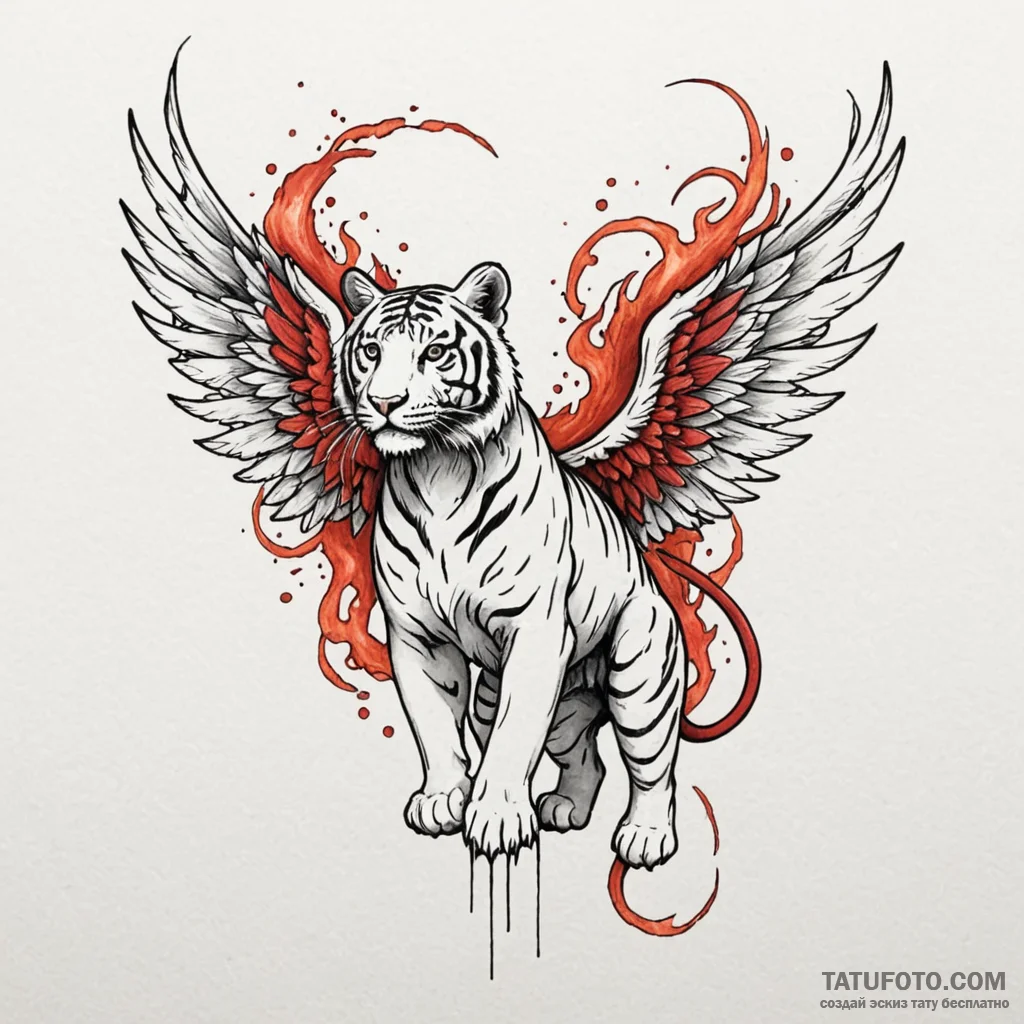 Angel tiger with fiery wings, tattoo line art... - эскиз тату (№1750187175_0, 17.06.2025 19:06) — Tatufoto.com