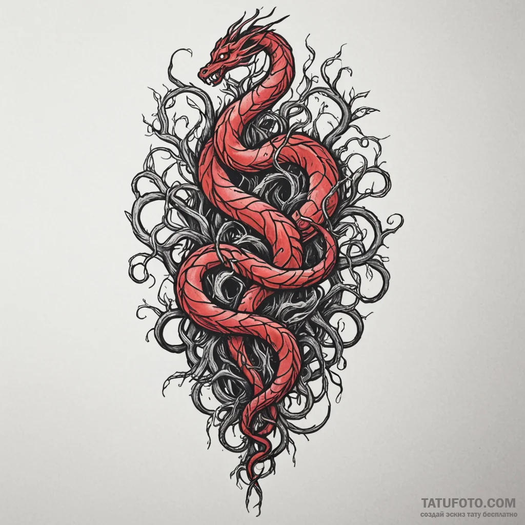 Glyph-covered serpent devouring roots, tattoo... - эскиз тату (№1750188924_0, 17.06.2025 19:35) — Tatufoto.com