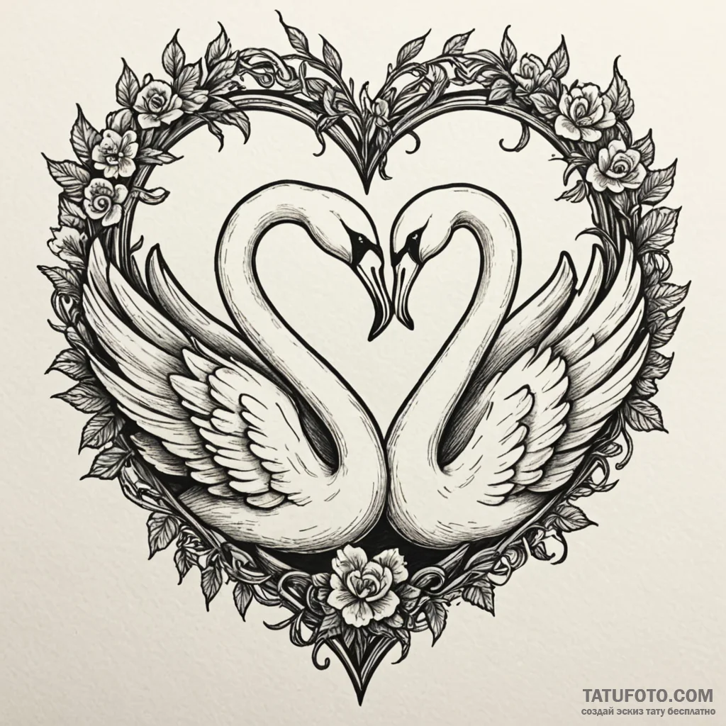 Necking swans forming a heart, one skeletal,... - эскиз тату (№1750189630_0, 17.06.2025 19:47) — Tatufoto.com