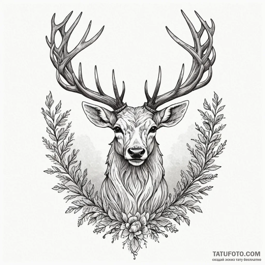 Ethereal stag crowned in mist, tattoo line ar... - эскиз тату (№1750189759_0, 17.06.2025 19:49) — Tatufoto.com