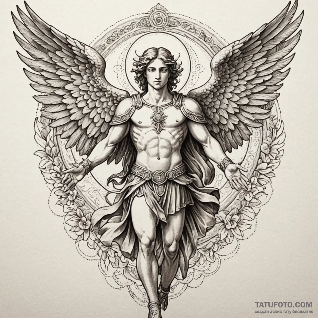 Archangel michael, tattoo drawing outline, on... - эскиз тату (№1750191492_0, 17.06.2025 20:18) — Tatufoto.com
