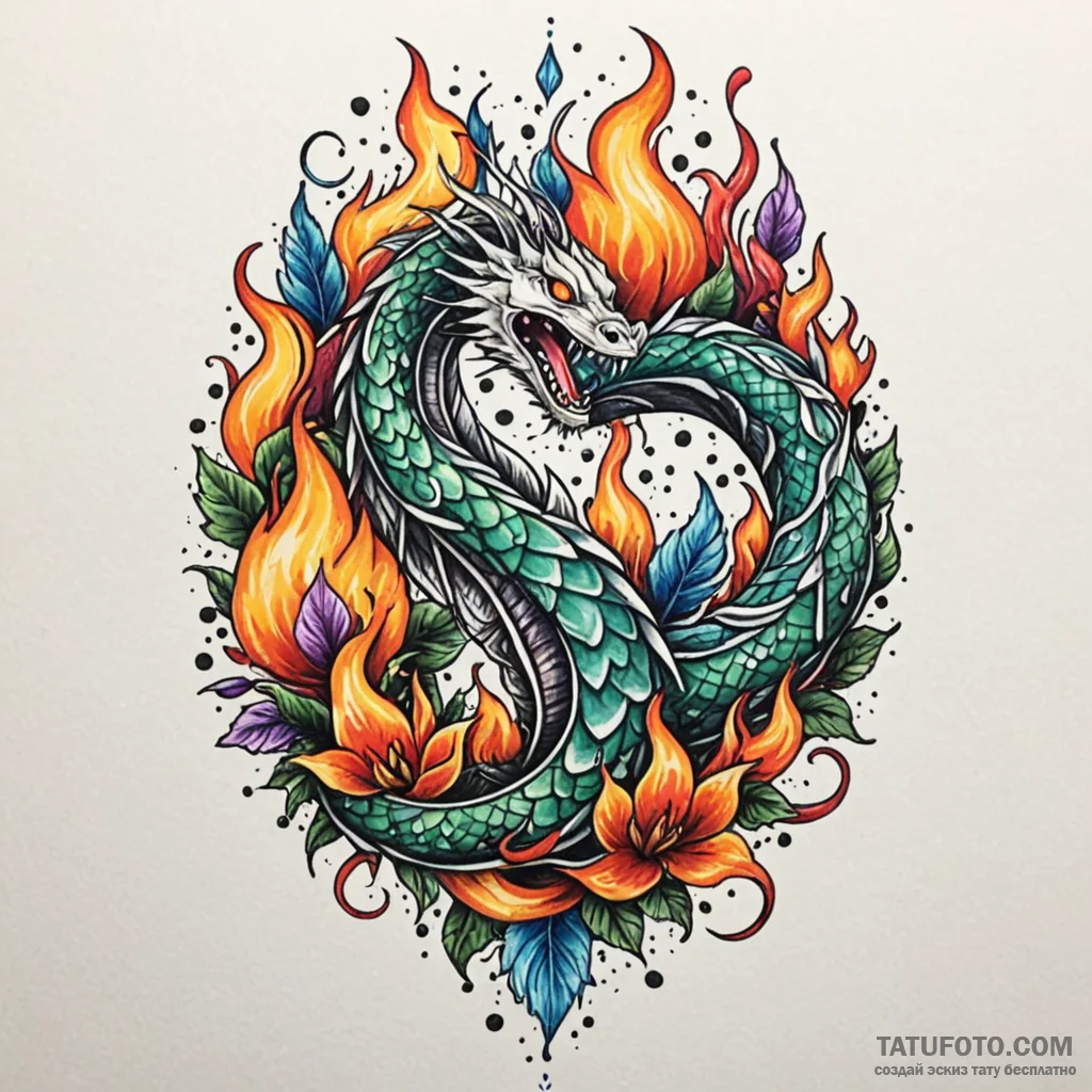 Flaming serpent through frozen bloom, tattoo... - эскиз тату (№1750191685_0, 17.06.2025 20:21) — Tatufoto.com