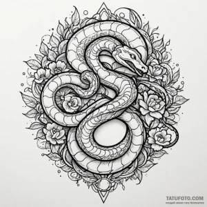Jewel serpent beneath celestial bloom, ink il... - эскиз тату (№1750192516_0, 17.06.2025 20:35) — Tatufoto.com