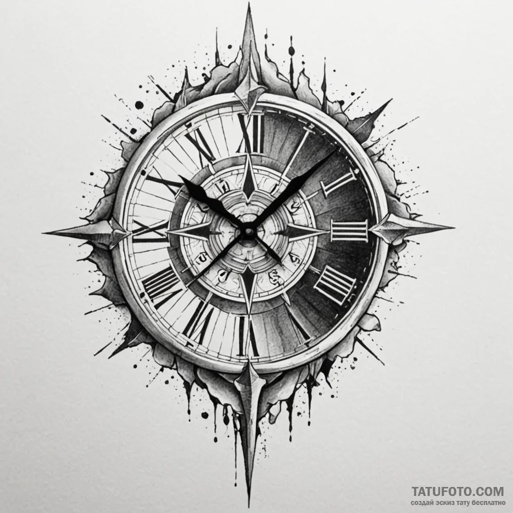 Ashen clock with shattered face, tattoo sketc... - эскиз тату (№1750196778_0, 17.06.2025 21:46) — Tatufoto.com