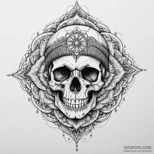 Skull wearing a beanie hat, ink illustration... - эскиз тату (№1750197098_0, 17.06.2025 21:51) — Tatufoto.com