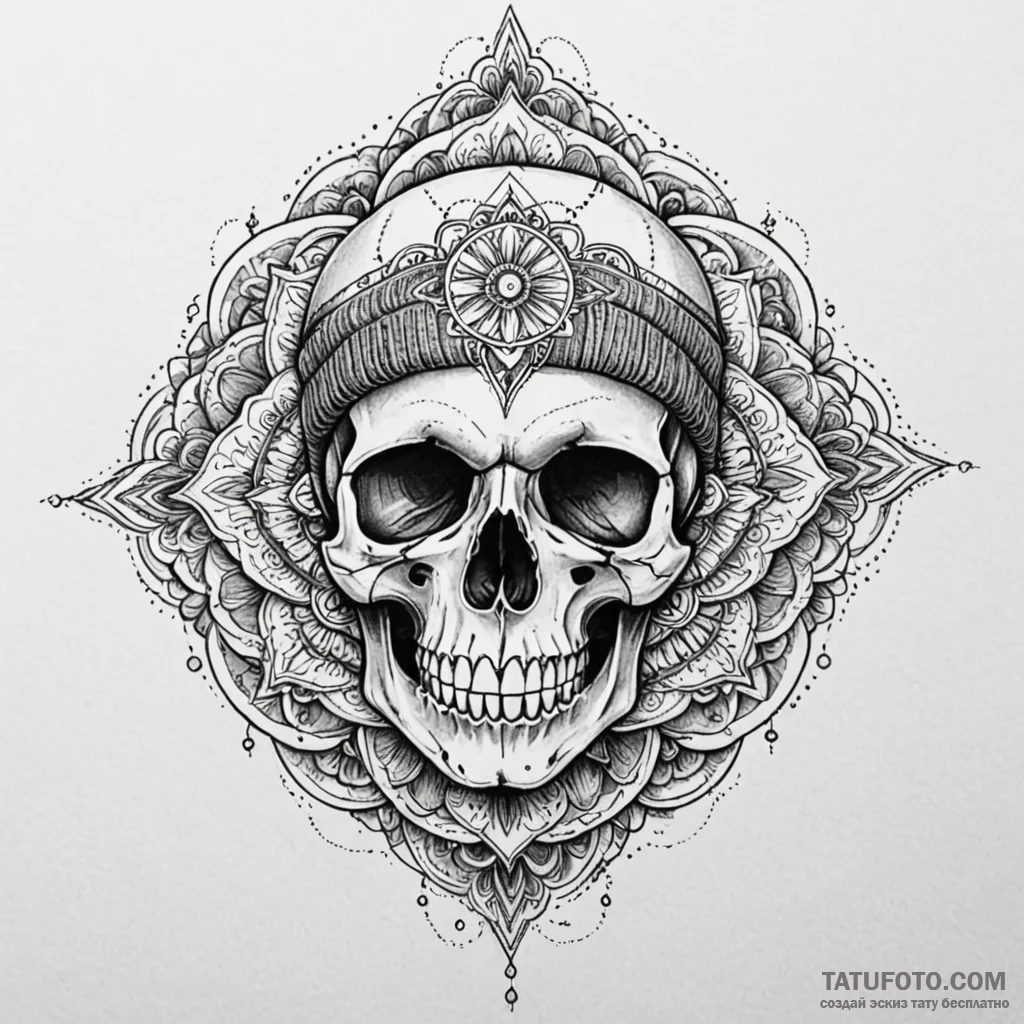 Skull wearing a beanie hat, ink illustration... - эскиз тату (№1750197098_0, 17.06.2025 21:51) — Tatufoto.com