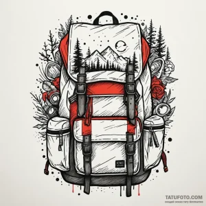 A detailed backpack with camping gear, prepar... - эскиз тату (№1750197998_0, 17.06.2025 22:06) — Tatufoto.com