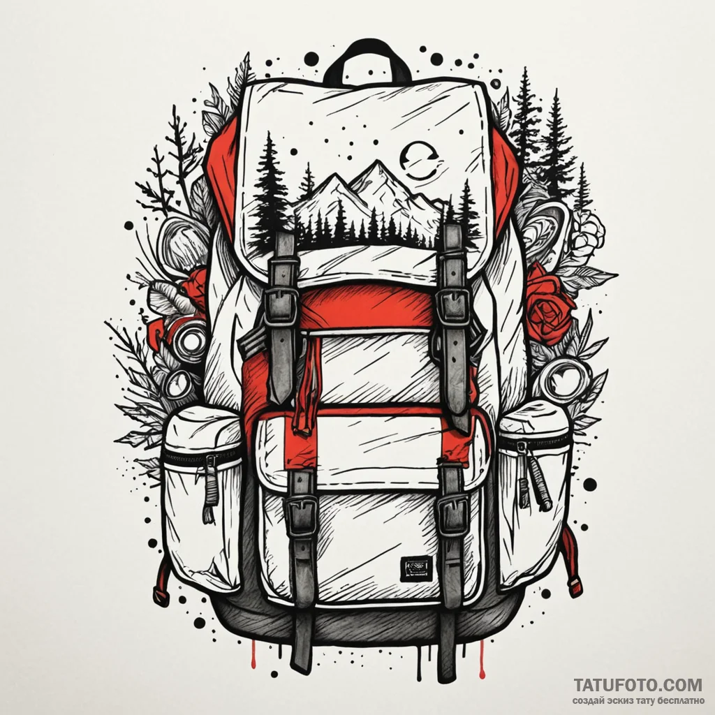 A detailed backpack with camping gear, prepar... - эскиз тату (№1750197998_0, 17.06.2025 22:06) — Tatufoto.com