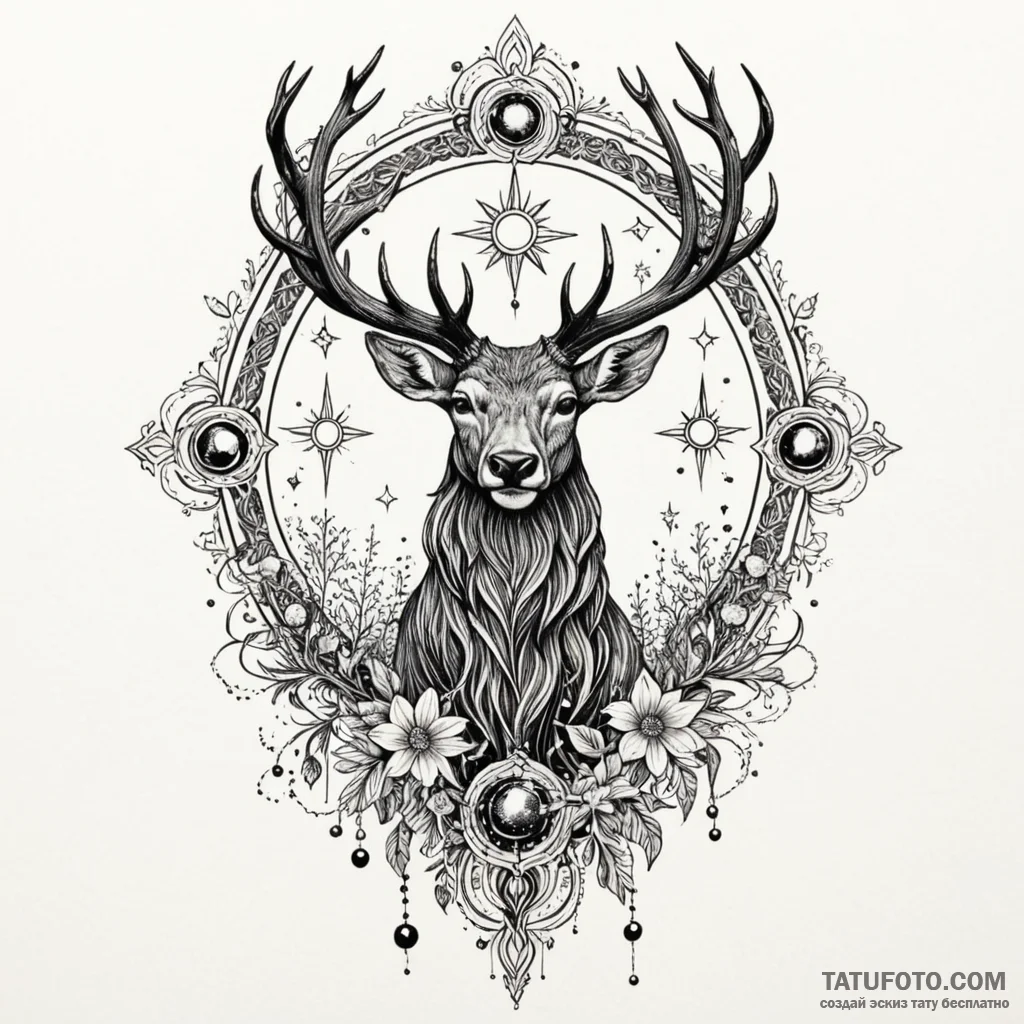 Astral stag crowned with cosmos, artistic tat... - эскиз тату (№1750198383_0, 17.06.2025 22:13) — Tatufoto.com