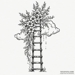 Ladder of flowers reaching up to a cloud, ink... - эскиз тату (№1750198660_0, 17.06.2025 22:17) — Tatufoto.com