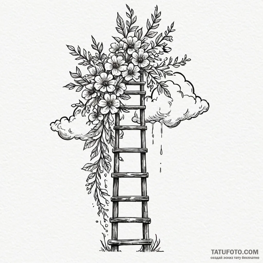 Ladder of flowers reaching up to a cloud, ink... - эскиз тату (№1750198660_0, 17.06.2025 22:17) — Tatufoto.com