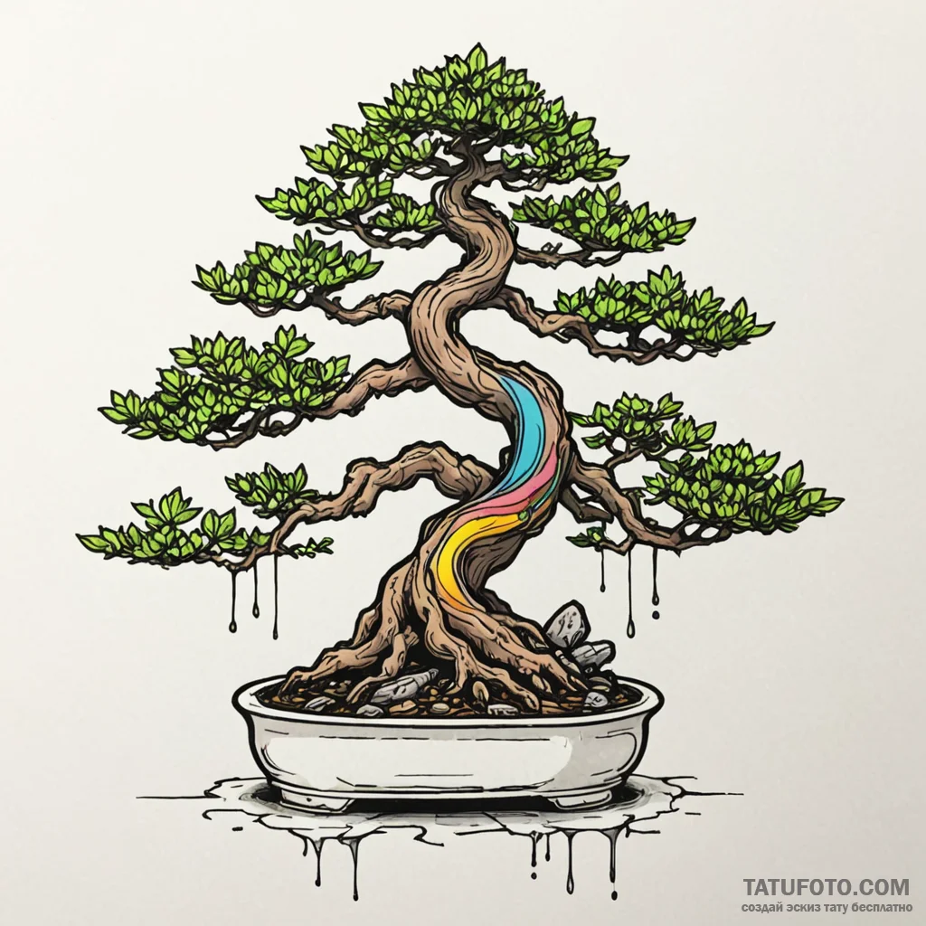 Bonsai, concept art for tattoo, vibrant color... - эскиз тату (№1750198791_0, 17.06.2025 22:19) — Tatufoto.com