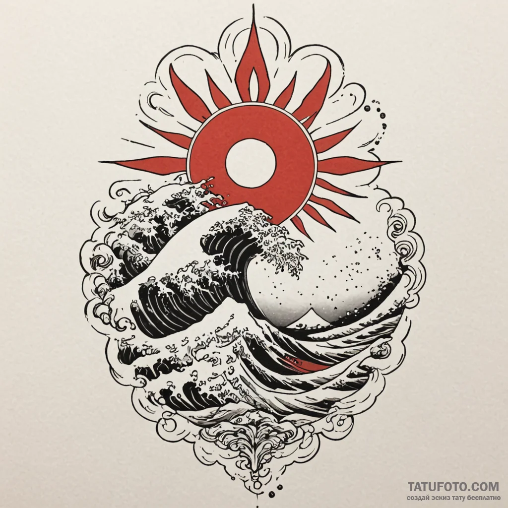 Rising sun over a traditional japanese wave,... - эскиз тату (№1750199630_0, 17.06.2025 22:33) — Tatufoto.com