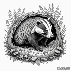 A curious badger peeking from its burrow, woo... - эскиз тату (№1750199760_0, 17.06.2025 22:36) — Tatufoto.com