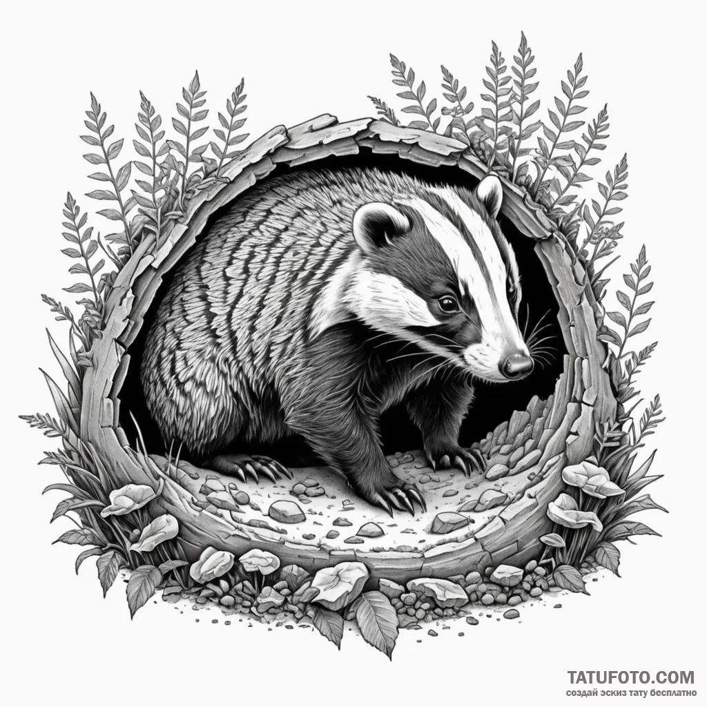 A curious badger peeking from its burrow, woo... - эскиз тату (№1750199760_0, 17.06.2025 22:36) — Tatufoto.com