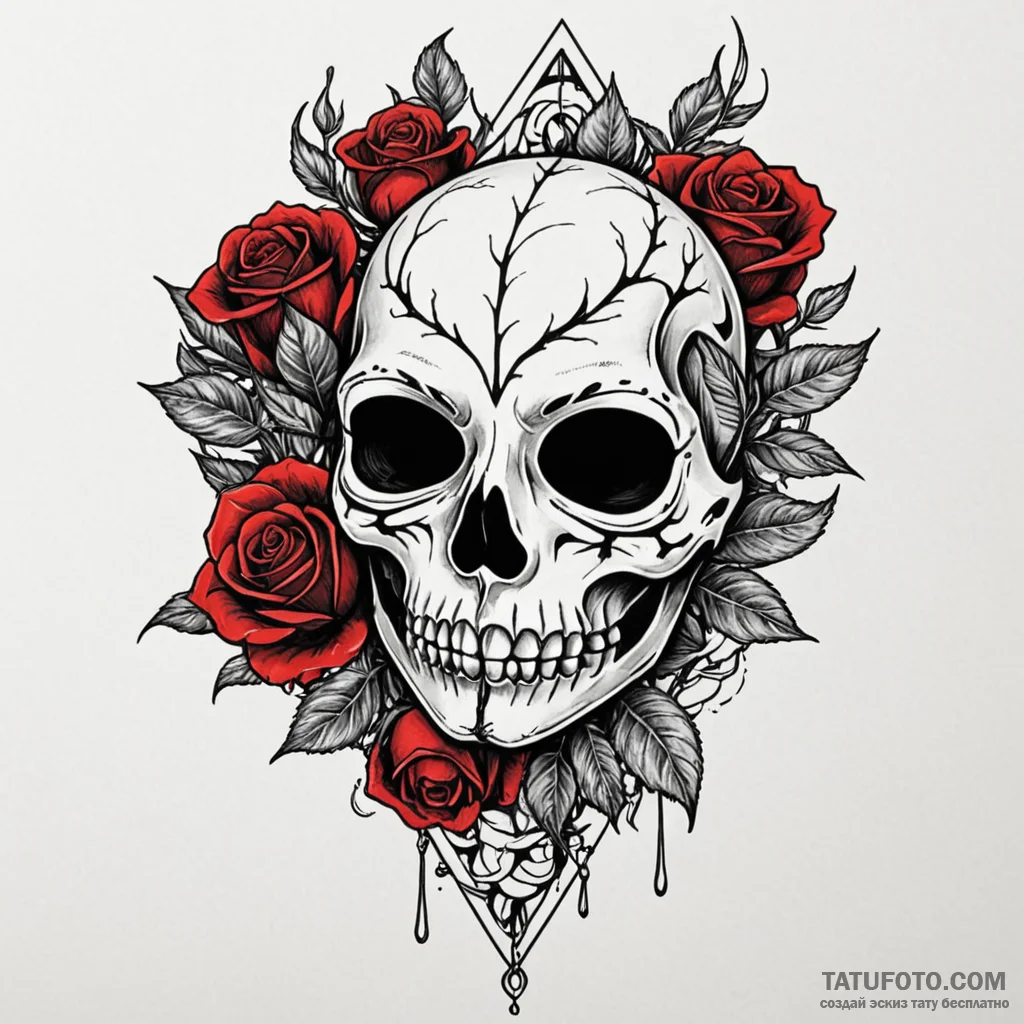 Engraved rose beneath bone mask, tattoo flash... - эскиз тату (№1750199824_0, 17.06.2025 22:37) — Tatufoto.com
