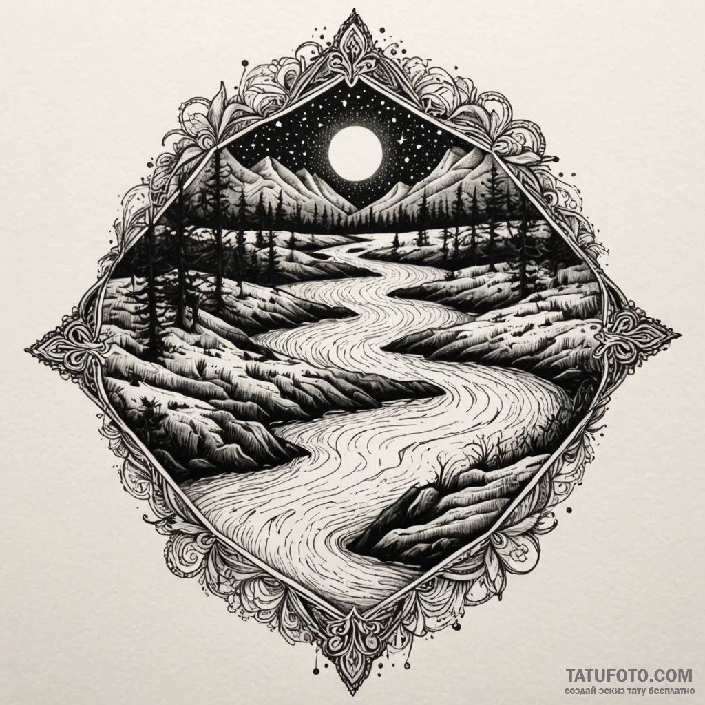 Inkwell spilling a dark river that flows into... - эскиз тату (№1750200462_0, 17.06.2025 22:47) — Tatufoto.com
