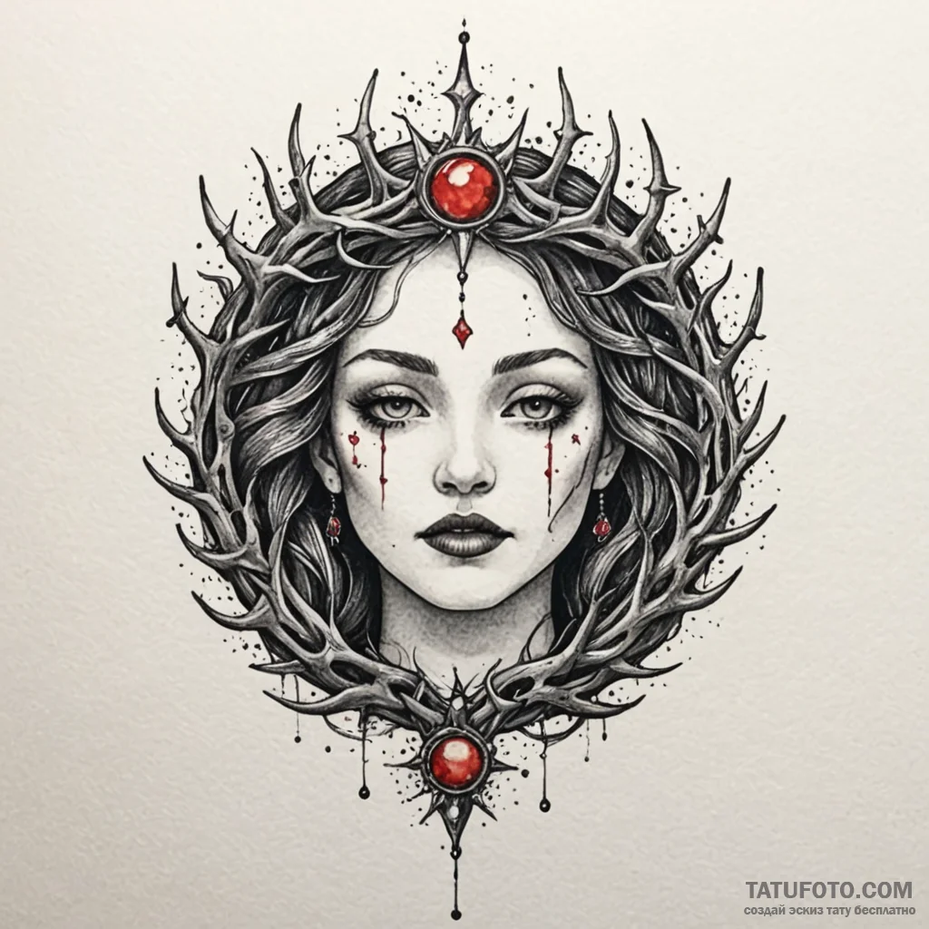 Moon crown entwined with thorns, tattoo line... - эскиз тату (№1750200592_0, 17.06.2025 22:49) — Tatufoto.com
