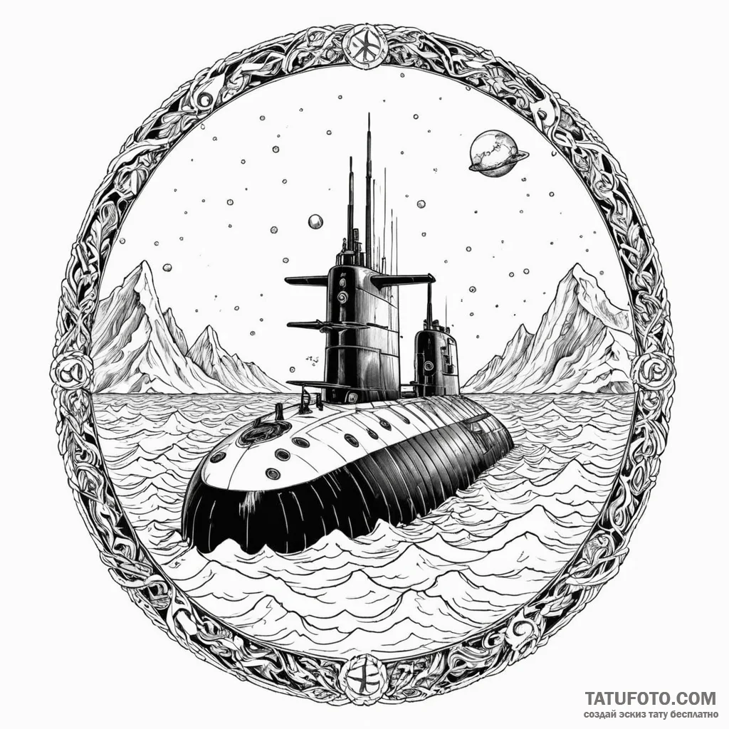 Nuclear submarine surfacing, breaking through... - эскиз тату (№1750202203_0, 17.06.2025 23:16) — Tatufoto.com