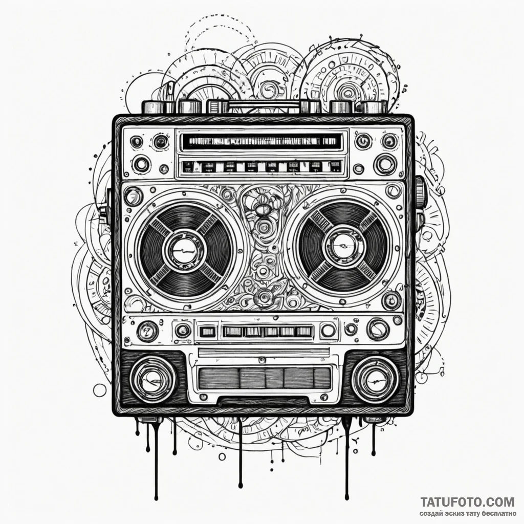 Tape recorder, artistic tattoo sketch, black... - эскиз тату (№1750203185_0, 17.06.2025 23:33) — Tatufoto.com