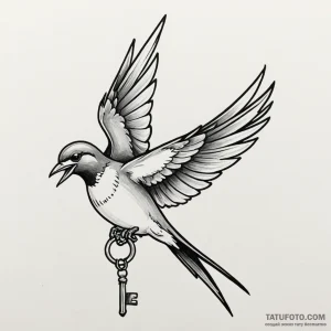 Swallow carrying a key in its beak, tattoo li... - эскиз тату (№1750204999_0, 18.06.2025 00:03) — Tatufoto.com
