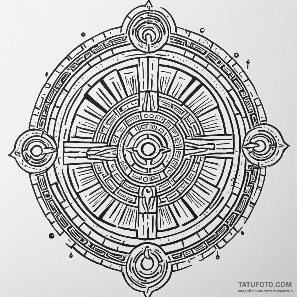 A mayan calendar stone, ink illustration for... - эскиз тату (№1750206884_0, 18.06.2025 00:34) — Tatufoto.com