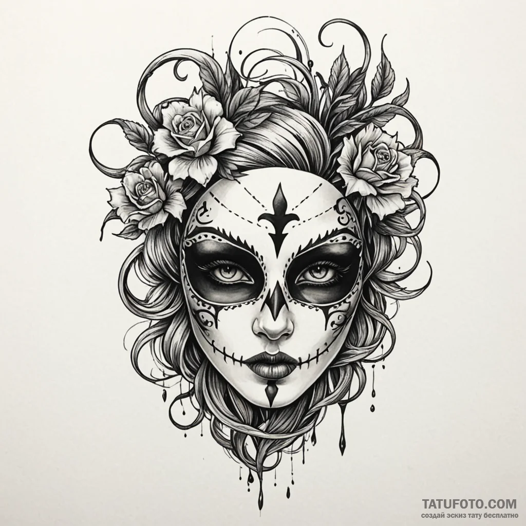 Grim mask leaking shadows, tattoo sketch desi... - эскиз тату (№1750207080_0, 18.06.2025 00:38) — Tatufoto.com