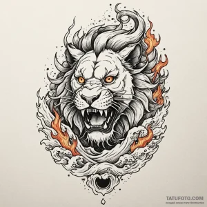Animated lion with flaming eyes, concept art... - эскиз тату (№1750208506_0, 18.06.2025 01:01) — Tatufoto.com