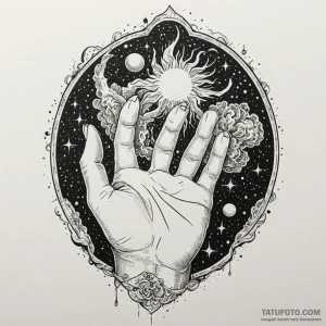 Alchemist's hand dissolving into a nebula, in... - эскиз тату (№1750208766_0, 18.06.2025 01:06) — Tatufoto.com