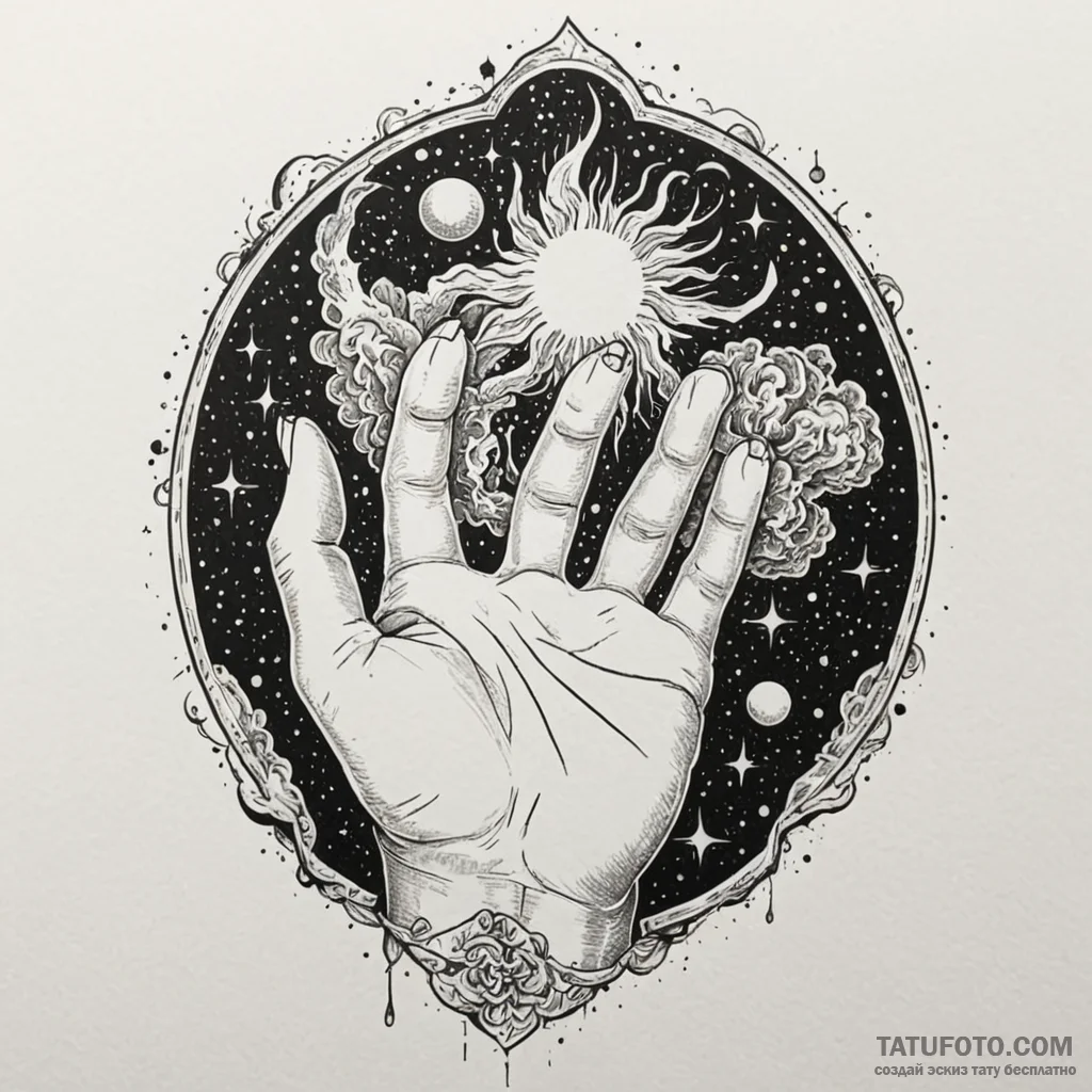 Alchemist's hand dissolving into a nebula, in... - эскиз тату (№1750208766_0, 18.06.2025 01:06) — Tatufoto.com