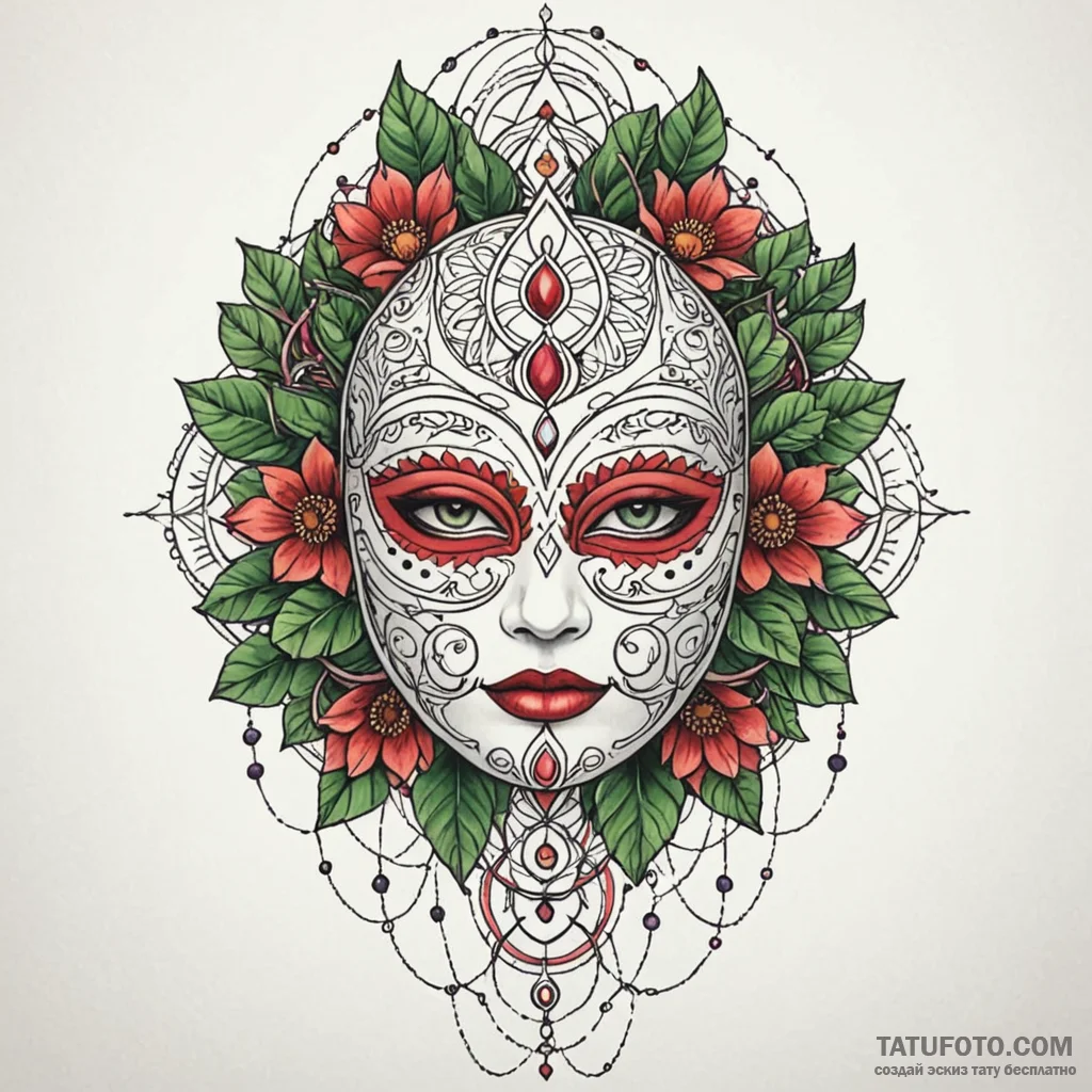 Mask entangled in vines, tattoo drawing outli... - эскиз тату (№1750209342_0, 18.06.2025 01:15) — Tatufoto.com