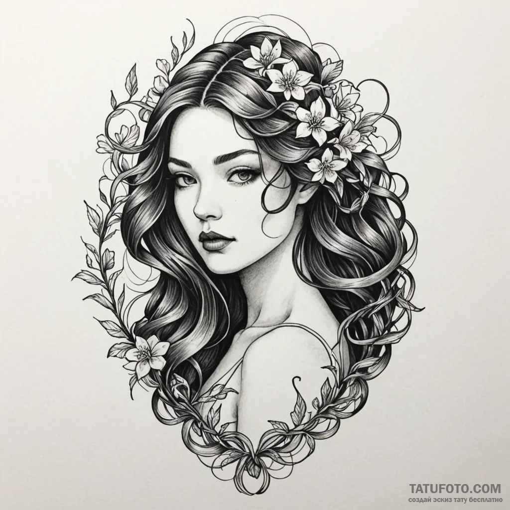 Portrait of a woman, her hair made of flowing... - эскиз тату (№1750210426_0, 18.06.2025 01:33) — Tatufoto.com