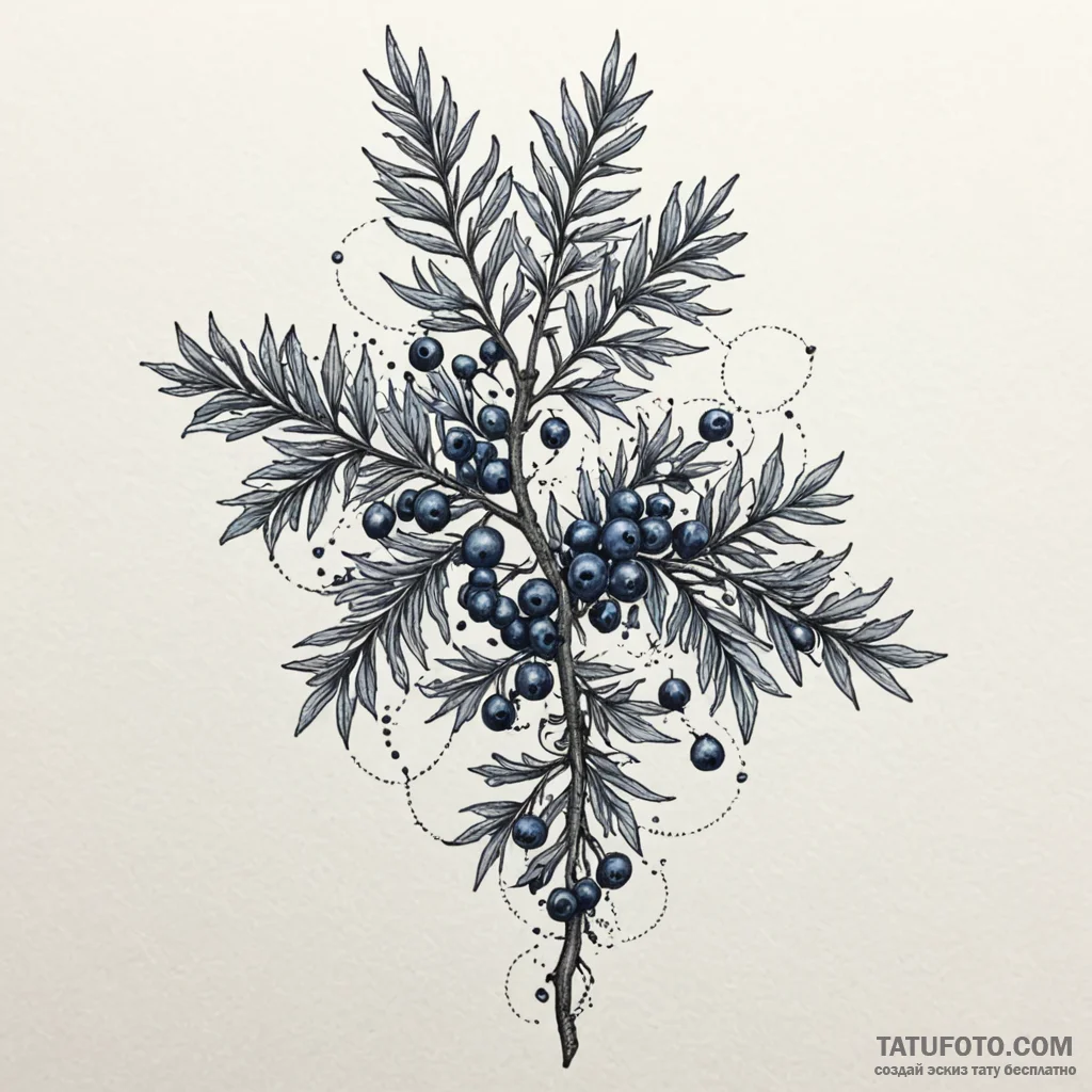 Juniper branch with detailed, blue-grey berri... - эскиз тату (№1750212279_0, 18.06.2025 02:04) — Tatufoto.com