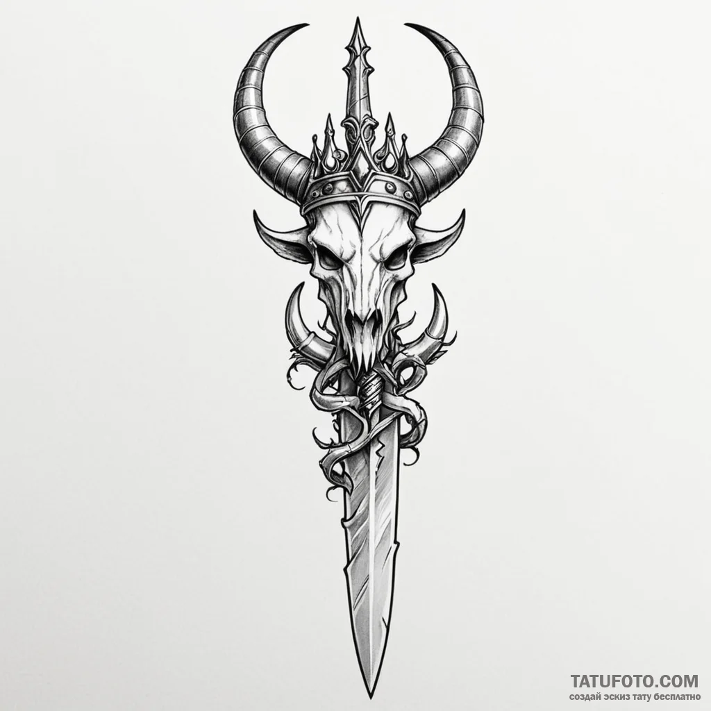 Horned dagger crowned with bone, tattoo line... - эскиз тату (№1750213372_0, 18.06.2025 02:22) — Tatufoto.com